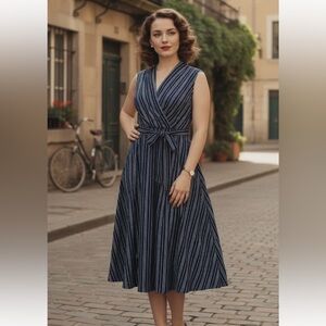 Tommy Hilfiger size 14 navy striped midi dress vintage short sleeve